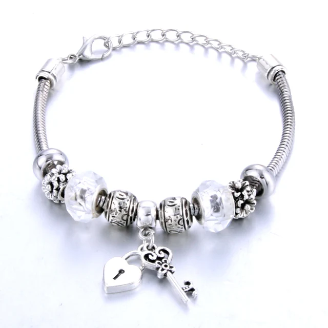 Antique Original Crown key lock Shape 6 colors Charm Bracelets For Women Glass Beads Brand Bracelet & Bangle DIY Jewelry Gifts 0002WE