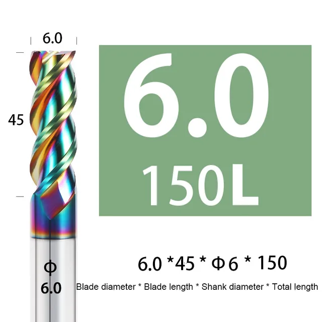 Colorful End Mill Aluminium HRC55 3F Milling Cutter Acrylic Wood Copper Plastic Cutting Tool CNC Maching Milling Tools Endmils 6X45XD6X150L