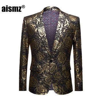 

Aismz Brand Plus Size Coat Mens Casual Blazers Homme Designs Slim Fit Fashion Gold Rose Pattern Suit Jacket DJ Singers Costume