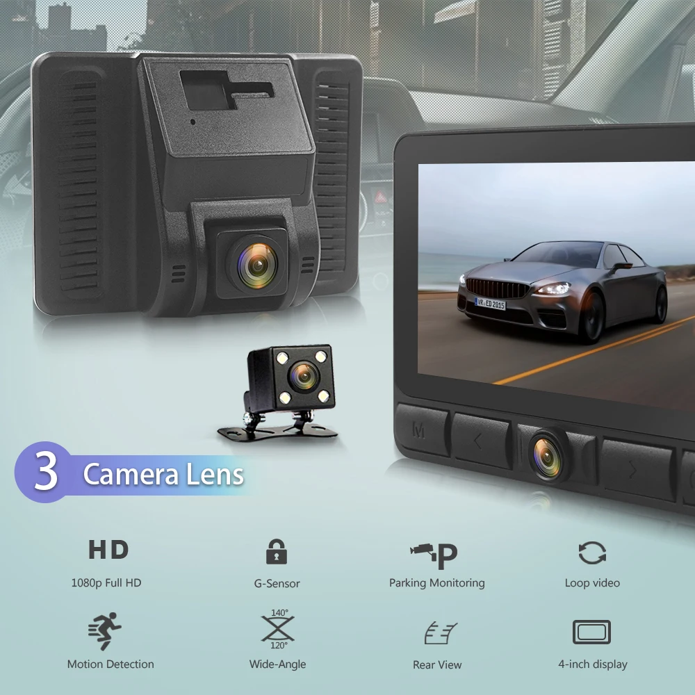 Автомобильный видеорегистратор с 3 объективами, двойная камера с Rearview FHD 1080P 4,0 дюйма, видеорегистратор, Автомобильный регистратор, широкоформатные видеорегистраторы 170