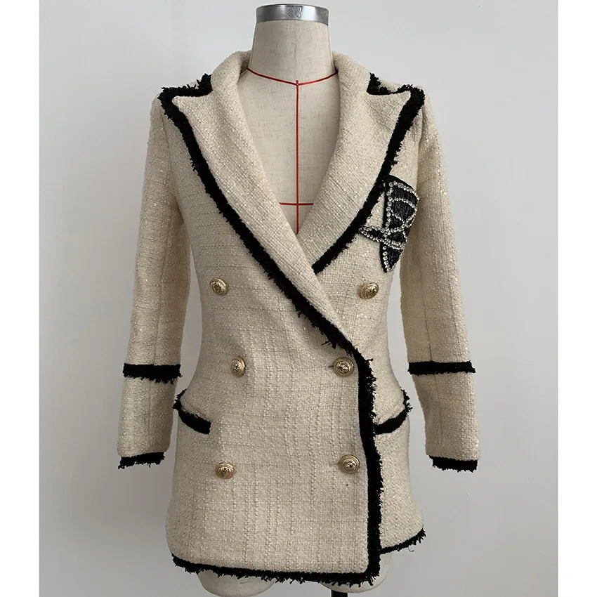 

Europe And America 2019 Autumn And Winter Hot Selling WOMEN'S Coat Man-made Diamond Badge Double Breasted Sequin Tweed Suit Jack