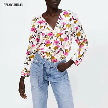 

Women's Shirts Autumn New V-neck Long Sleeve Flower Print Blouse Single-breasted Cotton Casual Shirt