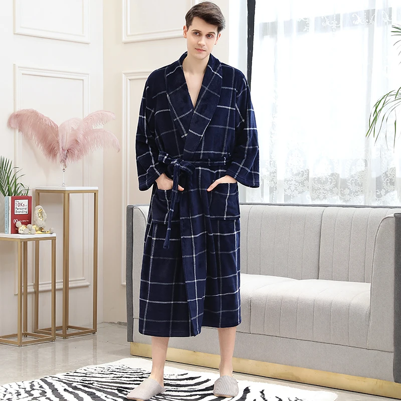 Men Navy White Мужской длинный теплый зимний фланелевый Халат кимоно 40-130 кг коралловый флис плюс размер банный халат уютный ночной халат Женская одежда для сна - Цвет: Men Navy White