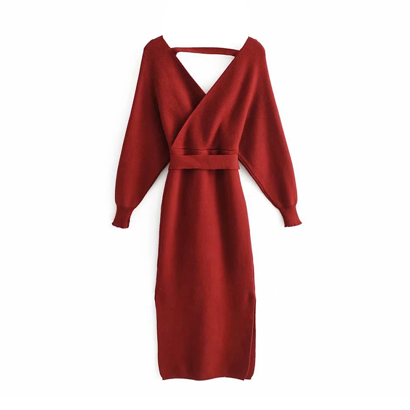 Casual Sexy Sweater Long Dress Women Elegant Batwing Long Sleeve Sashes Party Dress Side Split Backless Solid Dresses Vestidos