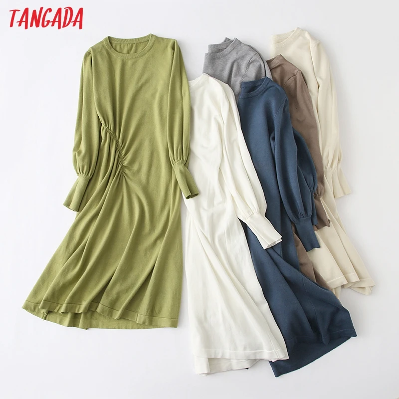 Tangada женское однотонное плиссированное платье-свитер миди с круглым вырезом и длинным рукавом, корейская мода, зимнее толстое теплое вязаное платье YU26