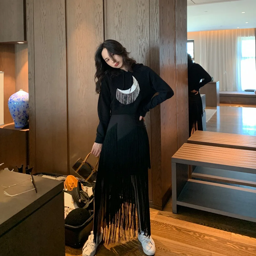 WHITNEY WANG весна осень модная уличная одежда дизайнерский стиль луна напечатаны бриллиантами фуфайка с кисточками женские толстовки пуловер
