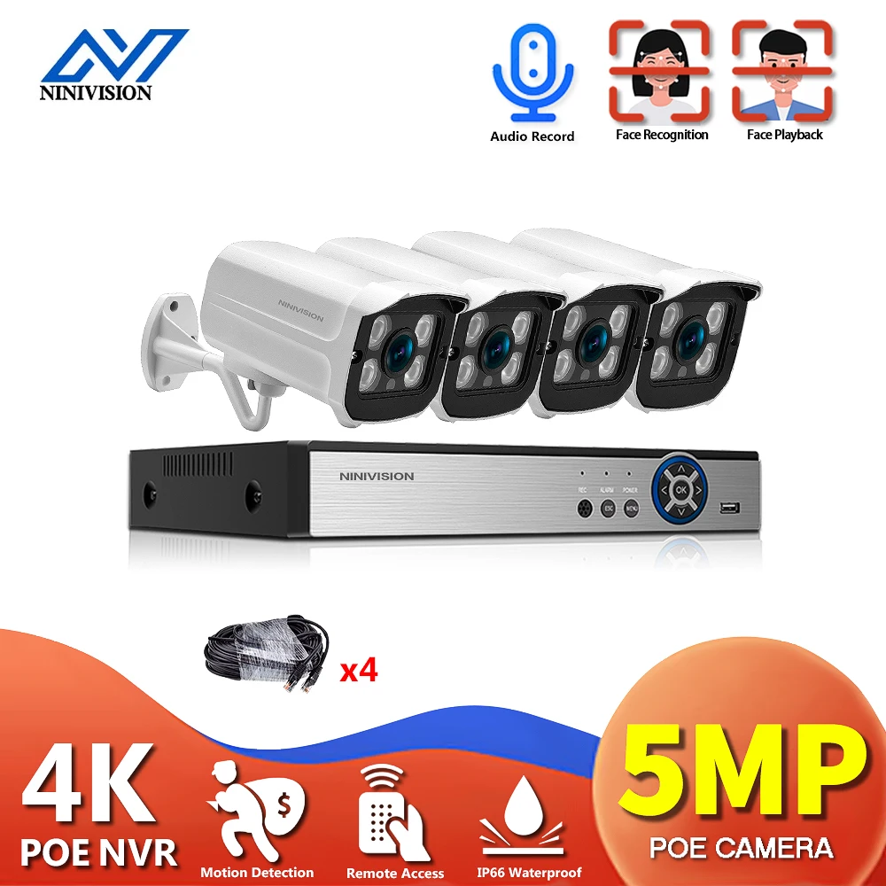 NINIVISION 4CH 4K Ultra HD POE Network Video Security System H.265+ NVR With 4pcs 5MP Weatherproof Bullet IP Camera CCTV Kit |