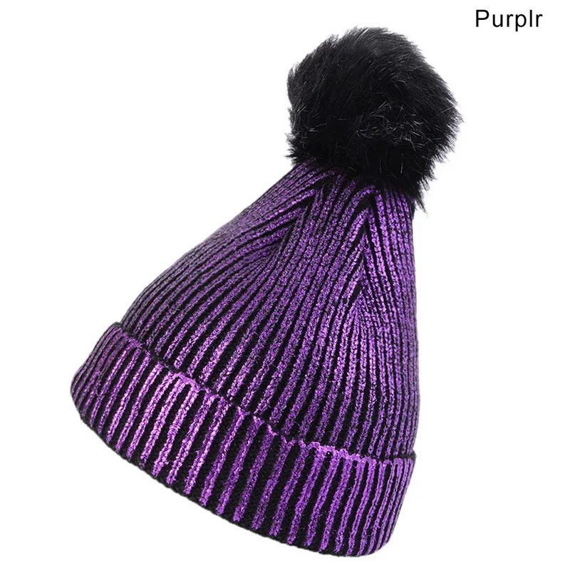 purple Модные популярные женские шапки и шапки, блестящая Меховая кепка, зимняя женская шапка теплые вязаные шапки, шапка s, фирменная Новинка, плотные Gorras - Цвет: purple