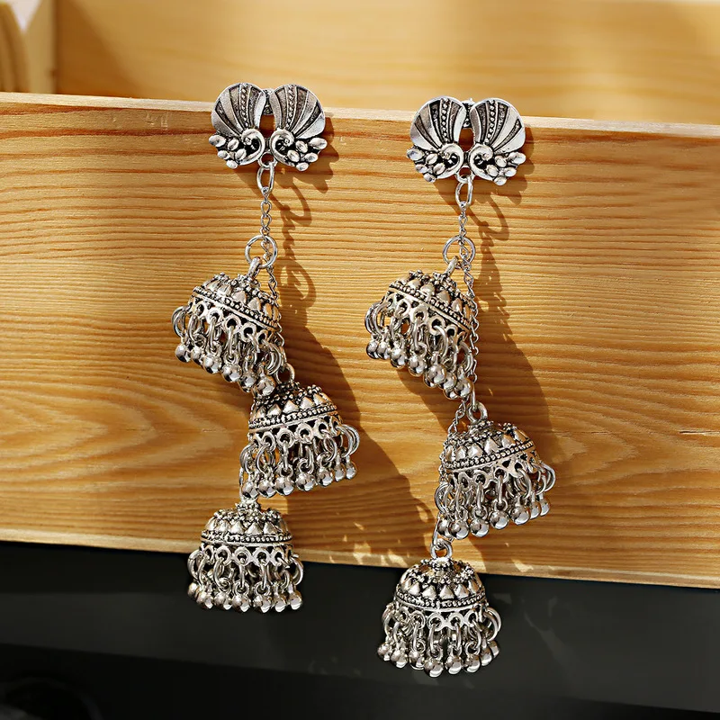 Женские индийские серьги Jhumka, павлин, серебряные металлические Большие колокольчики, Висячие длинные серьги с кисточками для женщин, бохо, цыганский родовой ювелирные изделия