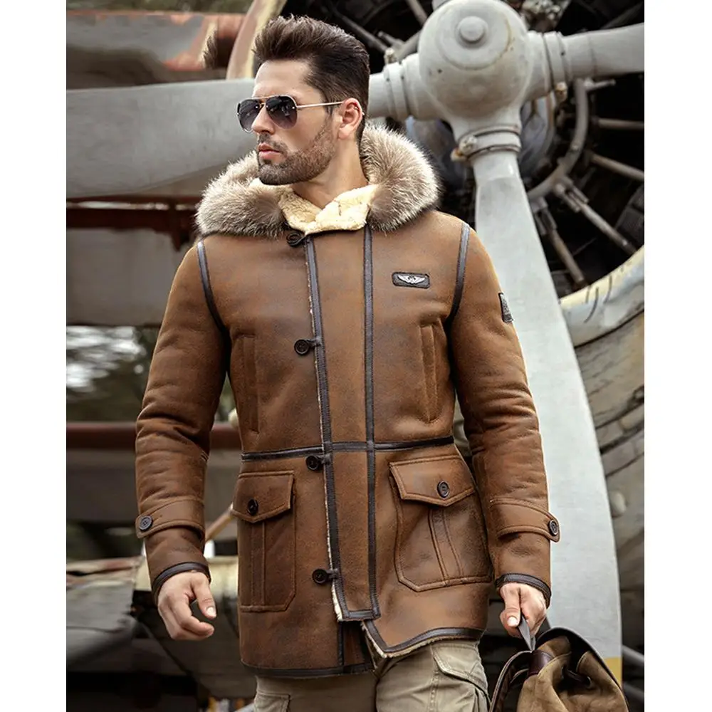 Дубленка мужские коричневые B3 Курточка бомбер кожаная куртка с капюшоном новые зимние пальто Длинная Куртка C мехом норки Куртка с воротником
