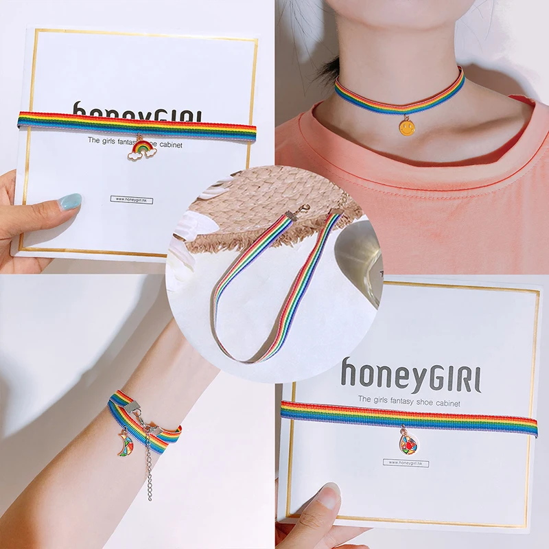 Women Men Pride Fashion Rainbow Choker Necklace Bracelet LGBT Gay Lesbian Promissory Gift Woven Ribbon Collar Punk Accessories | Украшения