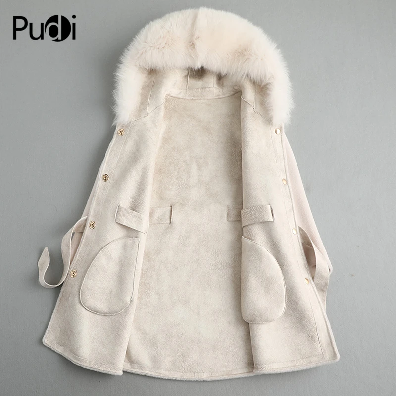 Pudi, Женское пальто из натуральной шерсти, куртка, зимняя, теплая, женская, из настоящей овчины, пальто с натуральным лисьим меховым воротником, A19026