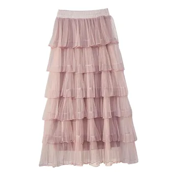 

New Sweet Cake Layered Long Mesh Skirts Princess High Waist Ruffled Vintage Tiered Tulle Pleated Skirts
