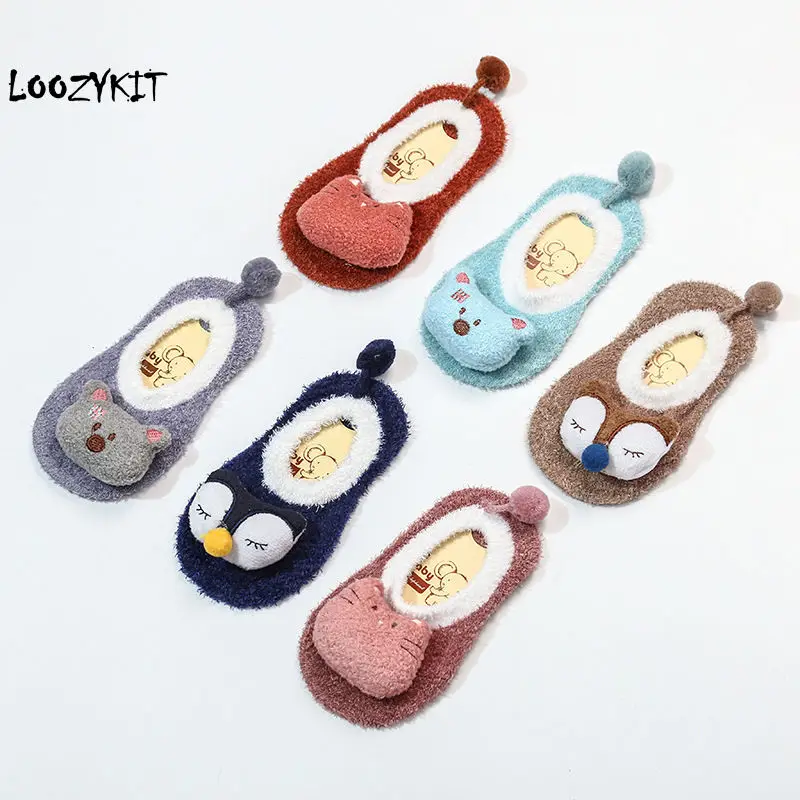 Loozykit/Хлопковые носки с героями мультфильмов для маленьких мальчиков и девочек Нескользящие носки-тапочки детские носки с рисунками животных милые плотные теплые носки для первых шагов