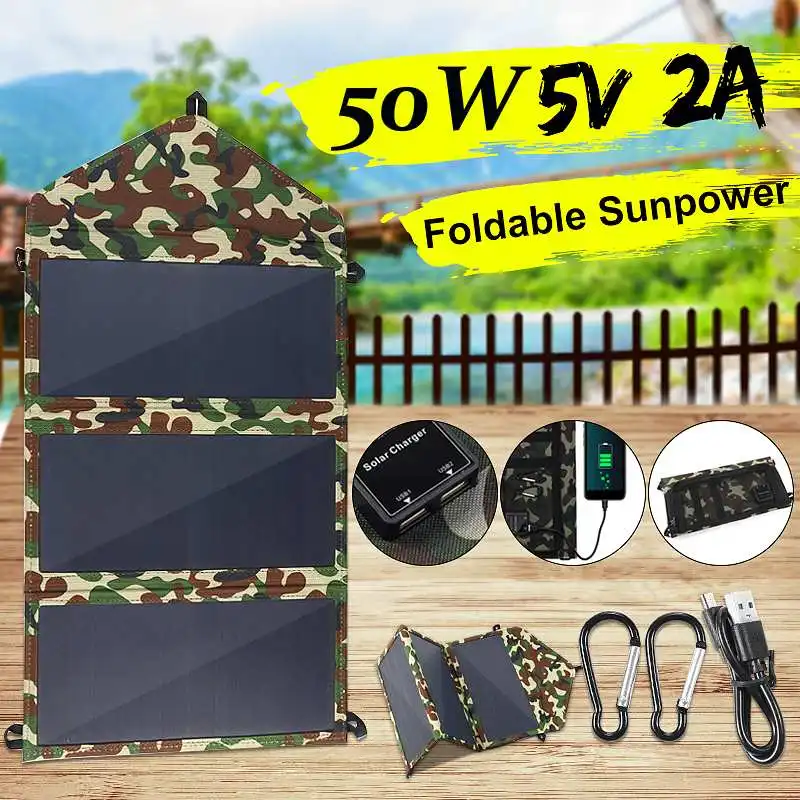 50W Folding Solar Panel 5V Sun Power Waterproof Solar Cells Charger Double USB Output Devices Portable for Smartphones
