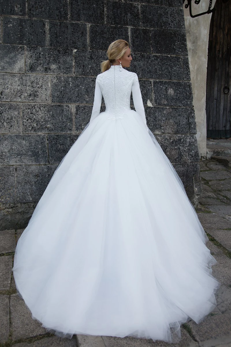 Vestido De Noiva бальное платье с длинными рукавами Свадебные платья молния для высокого воротника кружевной рукав-крылышко Аппликации Кнопка свадебное платье