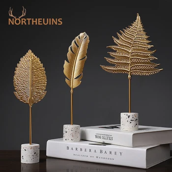 

NORTHEUINS Resin Creative Golden Leaf Figurines Nordic Modern Desktop Decor Leaves Statue Sculpture For Home Interior Decoration