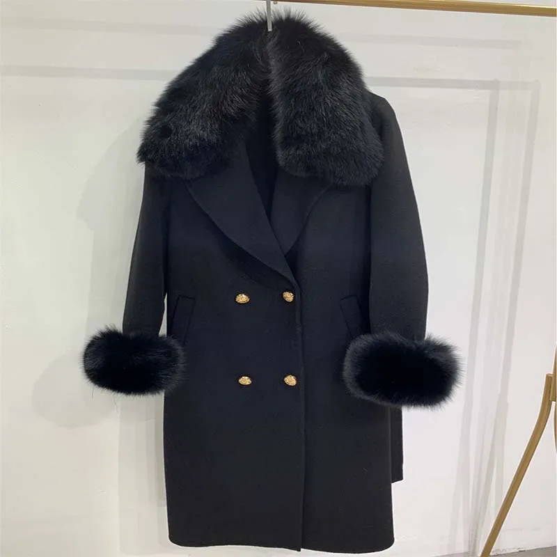 2019 Natural Fox Fur Collar Wool double-faced coat Warm Cashmere outerwear Winter Thick Jacket Slim Belt Ladies Streetwear | Женская