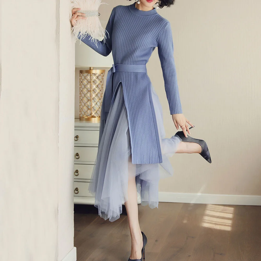 Women Knitted Sets 2020 Korean Fashion Two Piece Set Knit Long Sweater+Mesh Tutu Skirt High Waist Black Blue Beige Elegant Suits | Женская