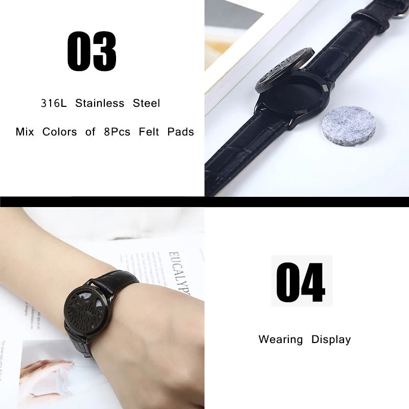 Black Genuine Leather Man Woman 30mm Aroma Locket Bracelet Stainless Steel Bangle Essential Oils Aromatherapy Locket Bracelet