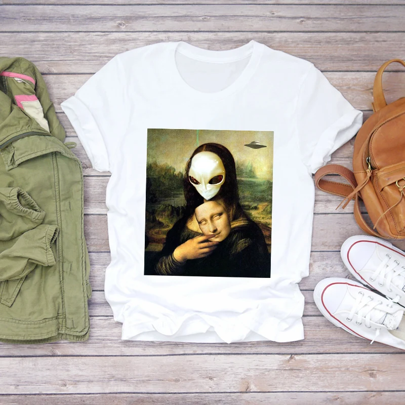 Cartoon Alien UFO Letters T shirt Women Short Sleeve Graphic Top Female Lady Tee T-Shirt Summer Clothes 2020 Harajuku TOP | Женская