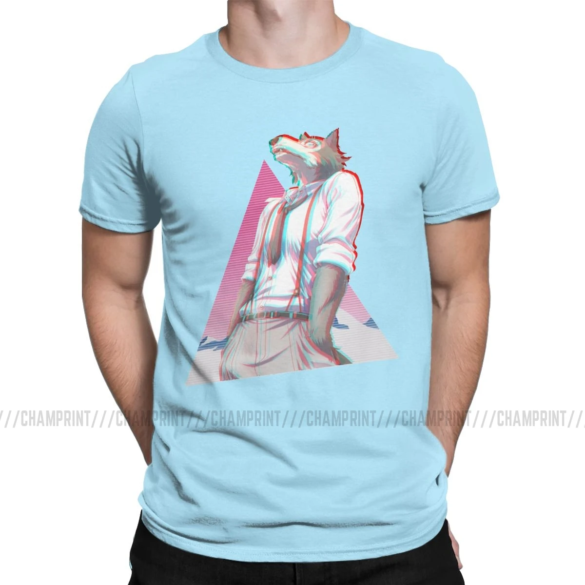 Beastars, футболки для мужчин, хлопок, потрясающая футболка с круглым вырезом, животное, волк, аниме, пушистая манга, футболка, короткий рукав, одежда с принтом - Цвет: Небесно-голубой