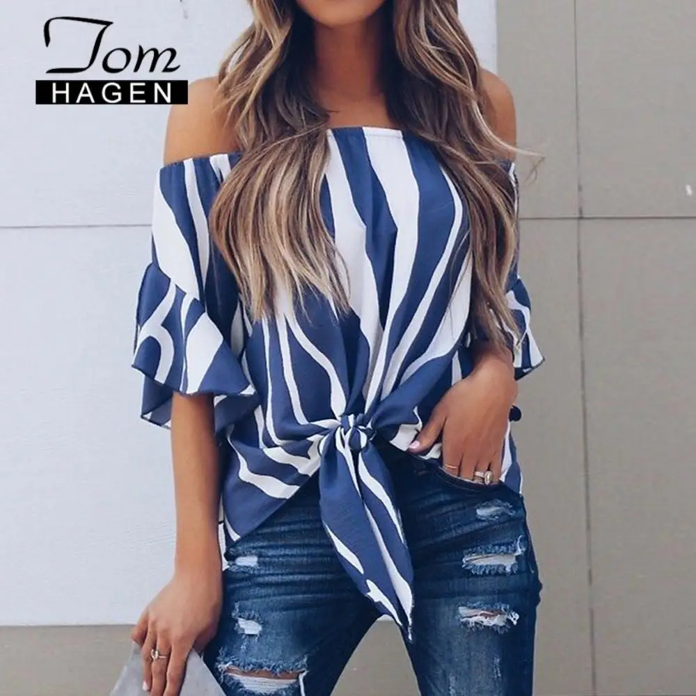 Женские Полосатые блузки с открытыми плечами 2020 летняя женская черная блузка
