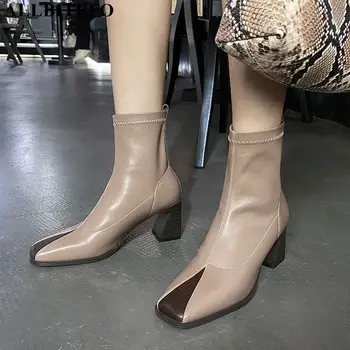 

ALLBITEFO square toe Elastic material women boots autumn fashion casual women high heel shoes women heels shoes ankle boots