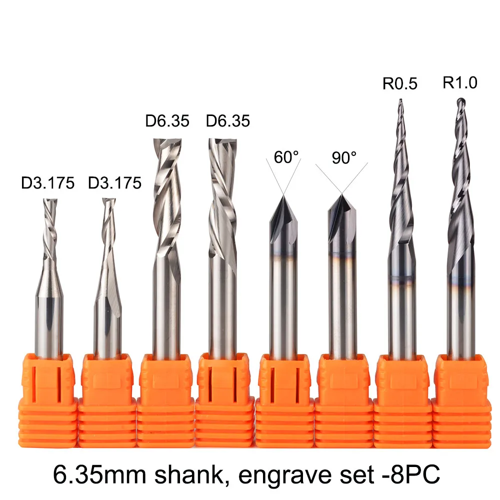 6.35mm set-8pcs CNC Твердые карбидные наконечники для гравировки фрезы по дереву набор 3,175 мм 6,35 мм 6 мм хвостовик фрезы для резьбы по дереву инструменты - Длина режущей кромки: 6.35mm set-8pcs