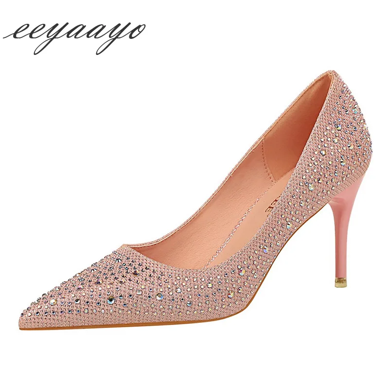 Г. Новые Демисезонные женские туфли-лодочки женские свадебные туфли на высоком тонком каблуке, с острым носком, украшенные кристаллами пикантные женские туфли на высоком каблуке, цвета шампанского - Цвет: Pink