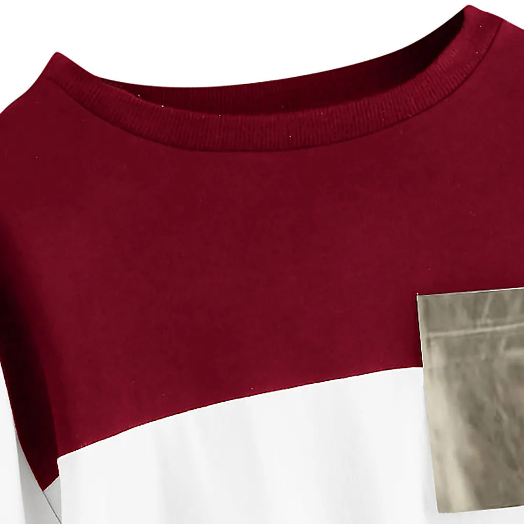 JAYCOSIN Fashion Women Casual O-Neck Sweatshirt Long Sleeve Bandage Patchwork Pocket Unique Elegant Comfortable Soft Chic Blouse