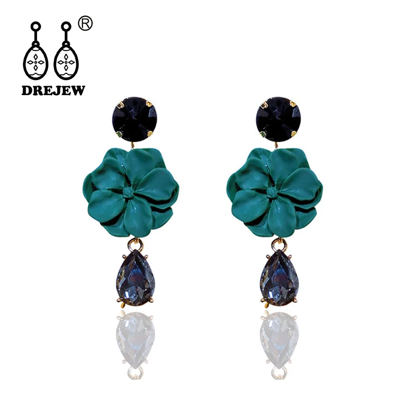 

DREJEW Vintage Green Flower Dark Blue Water Drop Crystal Earrings Christmas Silver Needle Drop Earrings for Women Wedding HE248