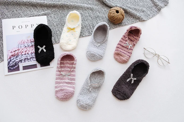 Description Picture 2 of itemFuzzy Cute Coral Fleece Socks Stripe with Bow Home Sleeping Warm Soft Anti-Skid Plush Slipper Socks Fluffy Microfiber Thick Gift