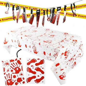 

Halloween Bloody Garland Decorations Cutter Hanging Banner Blood Splatter Tablecloth With Bloody Handprints And Footprints Props