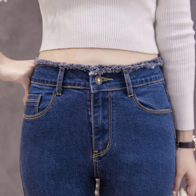 Фотосессия в Корейском стиле на весну и осень-Стиль стиль Эластичность Slim Fit меховой отделкой обтягивающие джинсы женские брюки