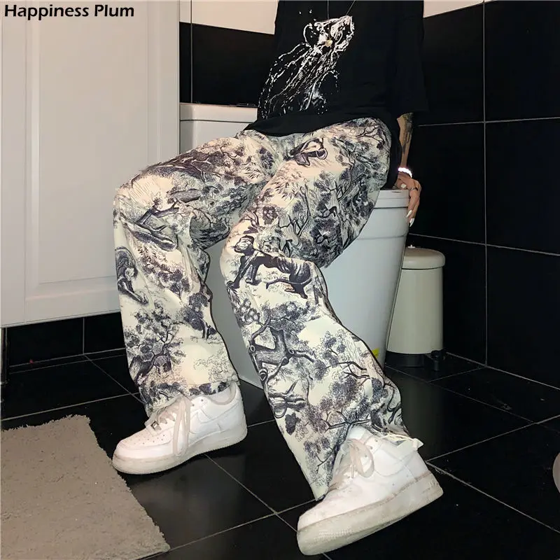 

Ancient sense ins street dark retro Chinese style dragon pattern loose thin straight casual pants female summer tide