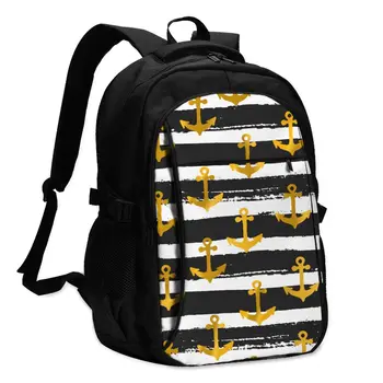 

Backpack USB Charge Women Golden Anchors With Striped Student Backpack Letters Print School Bag Teenager Girls Backpack