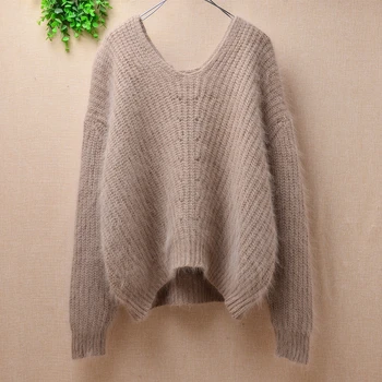 

HankeRI New solid fashion mink cashmere knitted plush loose pullover long sleeves Boutique sweater Superior Quality base clothes