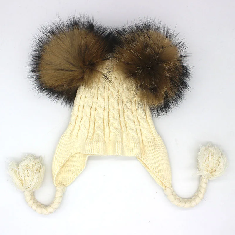 white 2poms Детская зимняя шапка из натурального меха с помпоном, узор в виде косички Детский Зимний вязаный комплект шапки для девочек и мальчиков, вязаная шапка бини с наушниками, ухо Кепки для детей - Цвет: white 2poms