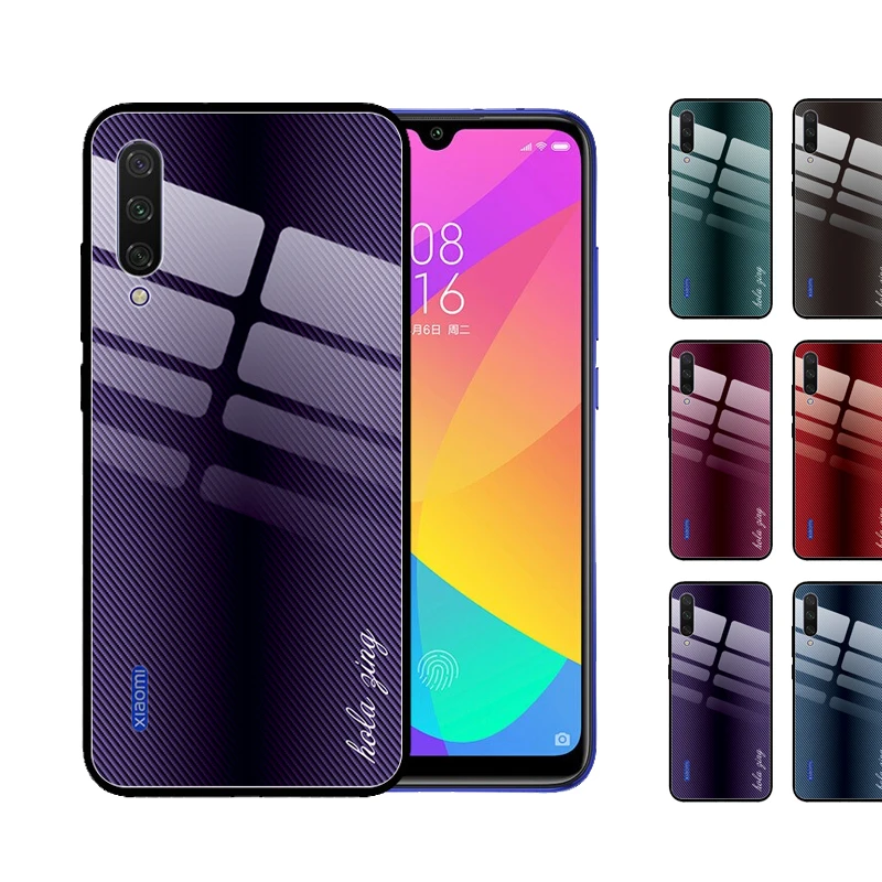 

for Xiaomi Mi 9 9T CC9 CC9E Pro SE 8 Lite Mi Mix 3 A3 Lite A2 A1 6X POCO F1 Case Gradient Carbon Fiber Tempered Glass Cover