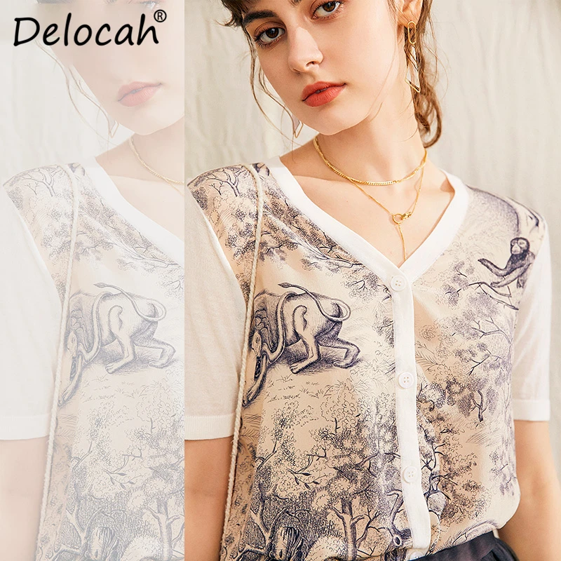 

Delocah Summer Women Fashion Designer Cardigan Short Sleeve Button Vintage Printed Female Top Basic All Match Cardigan Ladies