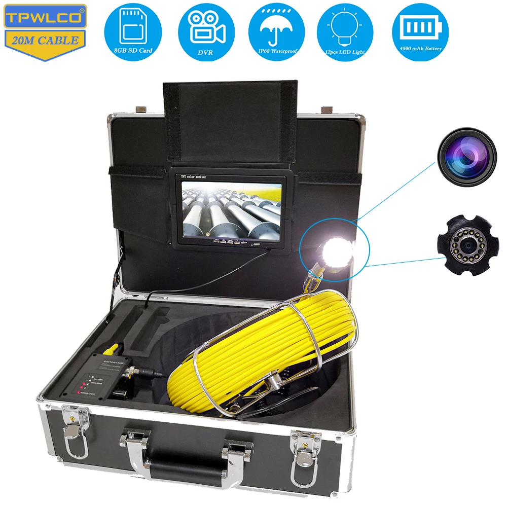 

20m Cable DVR Video Pipe Inspection Sewer Camera 7inch LCD Monitor 1000TVL Waterproof CCTV Endoscope Industrial System 23mm