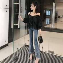 Женская одежда молния алмазные расклешенные брюки Полная длина Винтажный стиль весна и осень Высокая талия джинсы брюки женские новые