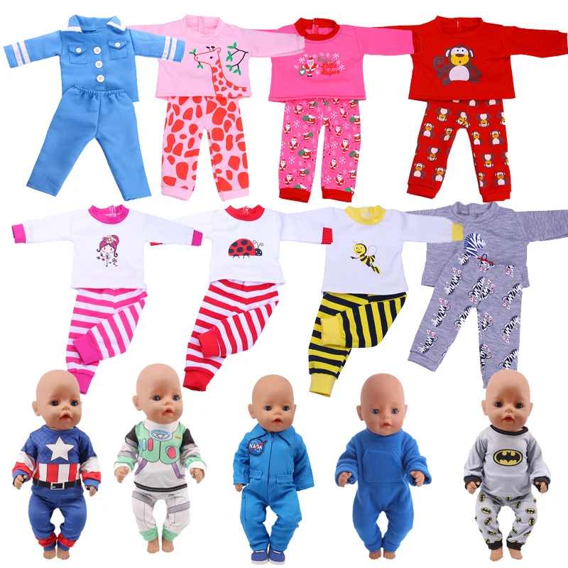 

Новинка 2021, костюм из двух предметов, костюм с милыми животными, длинным рукавом и брюками, костюм темно-синего цвета для 18-дюймового американского и новорожденного ребенка, Одежда для кукол поколения 43 см