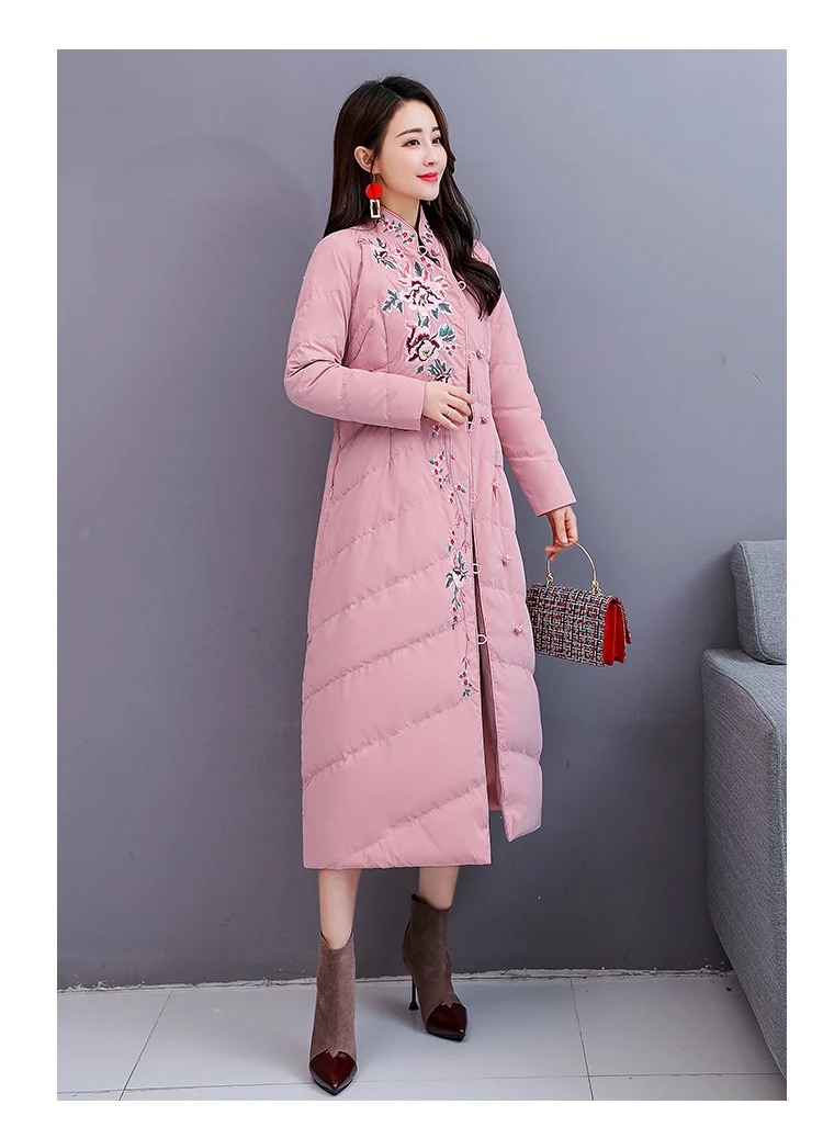 National Wind Cotton Coat Winter New Style Opportunity Embroidered Retro Frog Stand Collar Long over-the-Knee Cotton-padded