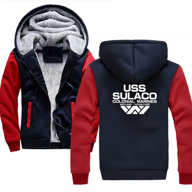 Толстовки мужские модные USS SULACO толстые флисовые толстовки мужские s толстовки однотонные зимние утолщенная Толстовка Толстовки - Цвет: Red blue