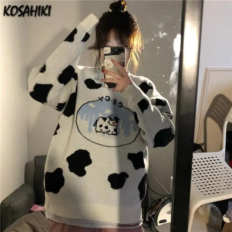 KOSAHIKI Cows Vintage Winter Sweaters Women Autumn Pullover O-Neck Korean Fashions Sweater Kawaii Cute Casual Harajuku Jumper | Женская
