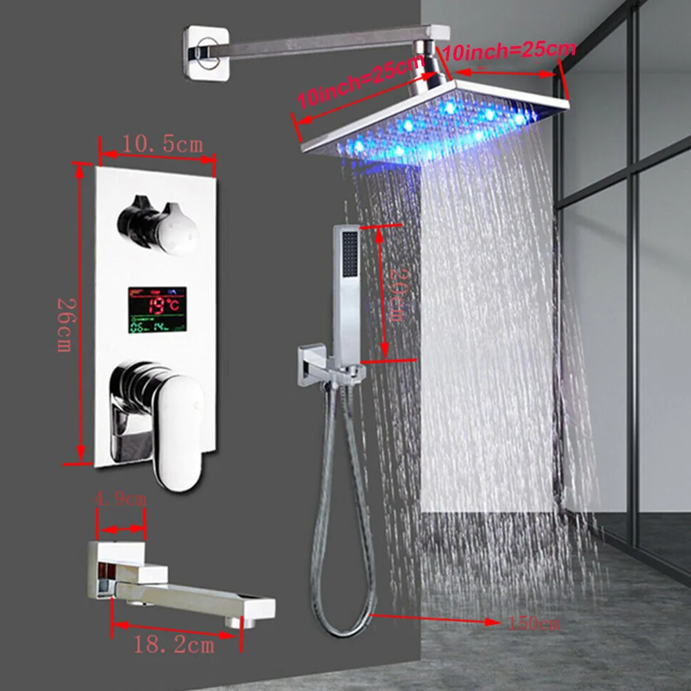Хромированный Светодиодный душевой кран с температурным дисплеем для ванной, набор для душа с ЖК-дисплеем, трехполосный бесшумный кран для ванной, душевой кран - Цвет: 10inch