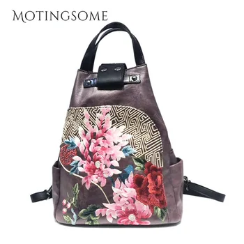 

Chines Style Vintage Women Backpack Leather Embroidery Flower Pattern Retro Designer Backpacks Women High Quality Bag 2020 New