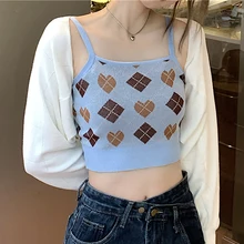 

2022 Summer Fashion Lingge Knitting Tank Tops Women Blue Short Slim Knitted Cropped Feminino Sleeveless Casual Camisole Female